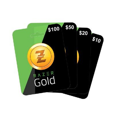 Four Razer gold cards of different prices, $100. $50, $20, and $10 respectively.