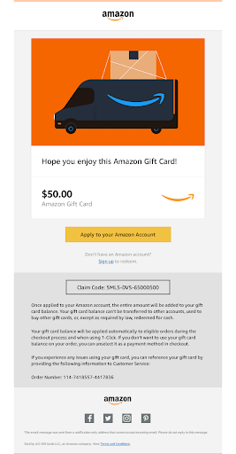 Screenshot of Amazon virtual gift card sent as an email