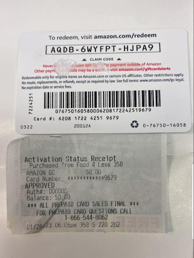 Amazon card and an activation status receipt