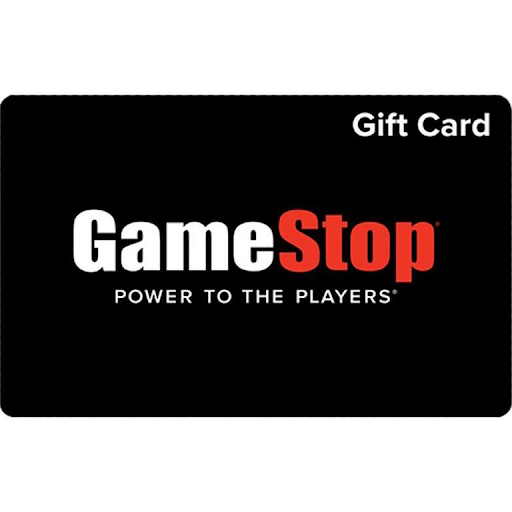 GameStop gift card featuring a black background with the GameStop logo in white and red, along with the slogan 'Power to the Players' and 'Gift Card' written in the top right corner