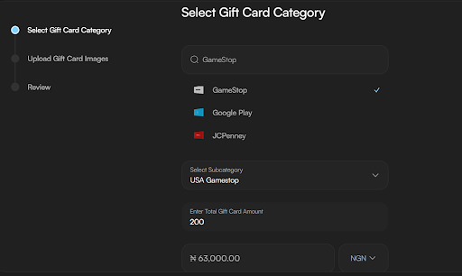 Screenshot of a gift card exchange platform showing the selection of a GameStop gift card under the 'Select Gift Card Category' section. The subcategory is set to 'USA Gamestop,' and the total gift card amount is entered as '200.' The equivalent value is displayed as '₦63,000.00' in Nigerian Naira (NGN).
