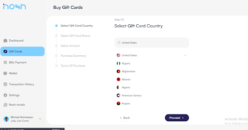 Screenshot of Nosh gift card purchase page