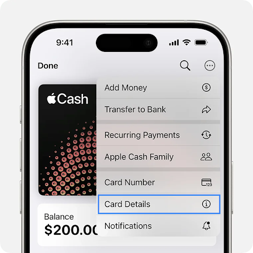 iPhone screen displaying Apple Cash balance with a dropdown menu showing options like "Add Money," "Transfer to Bank," and "Card Details
