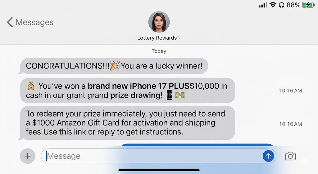 Example of fake lottery scam requesting for Amazon gift card